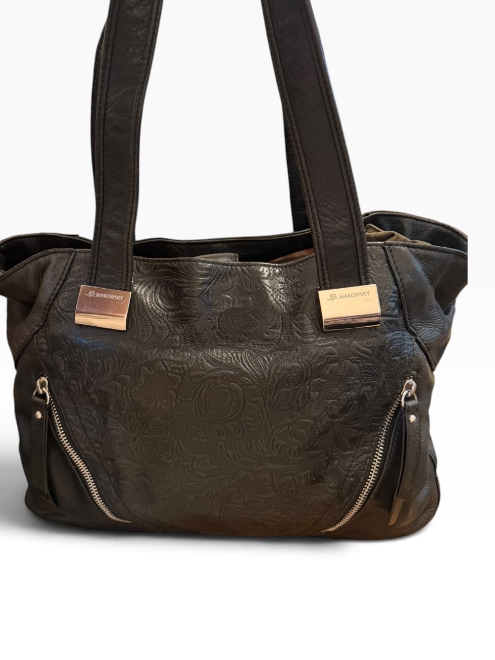 B. Makowsky Etched Floral Leather Tote bag Black